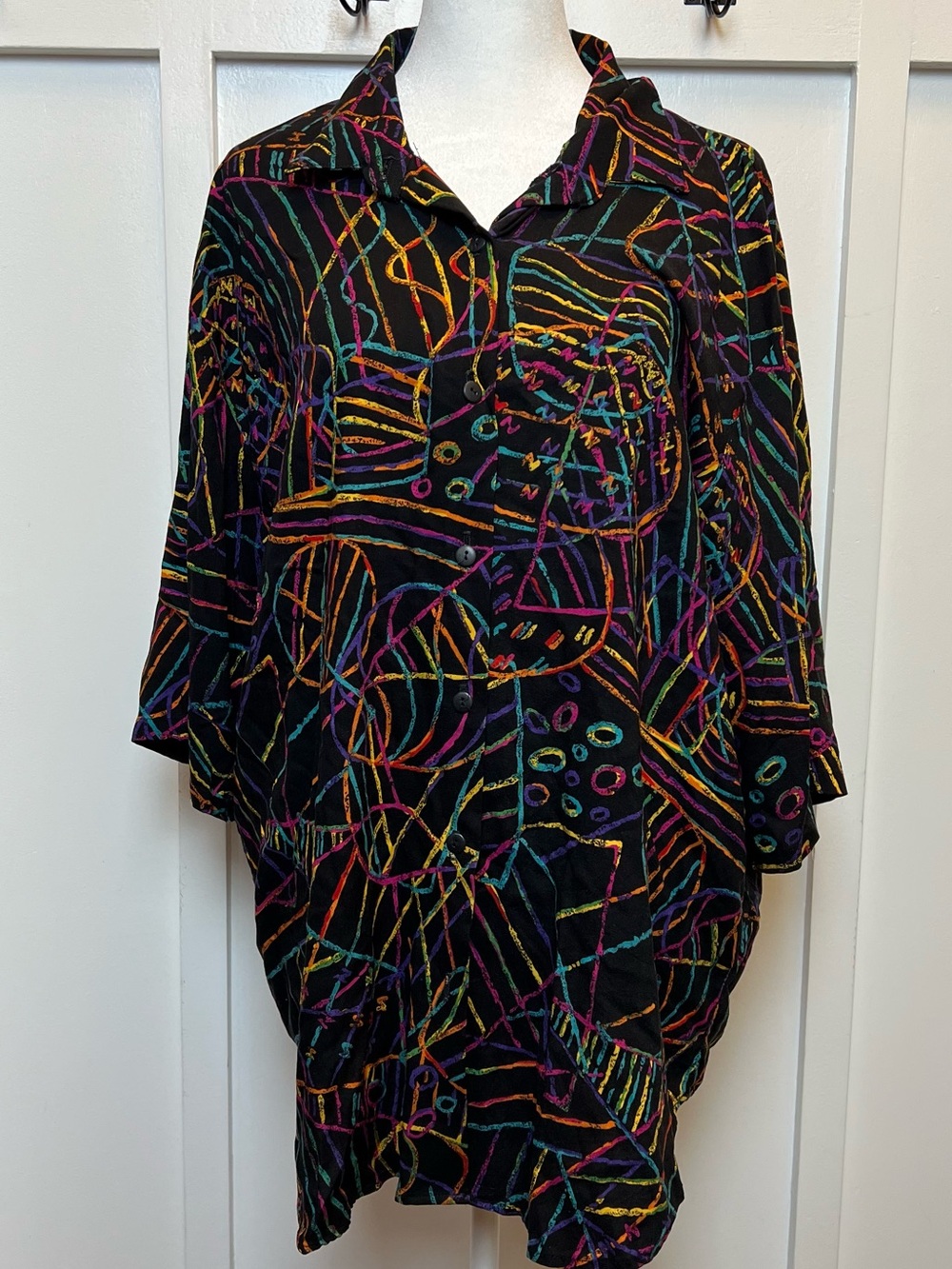 Vintage 80s Women Plus Size 22 Shirt Shorts 2-piece SET Neon Colorful Line Artsy
